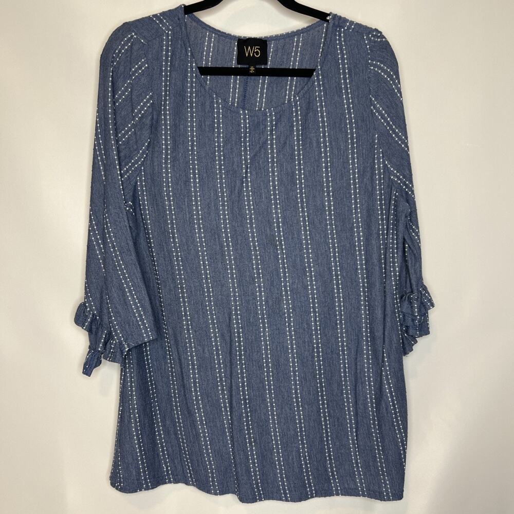 W5 Concepts Anthropologie Womens Top Size 1X Blue Stripe 3/4 Ruffled Sleeve